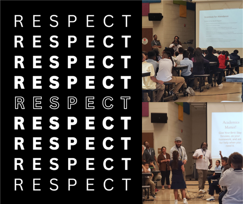 Black and white repeating text Respect and students viewing and interacting with presenters